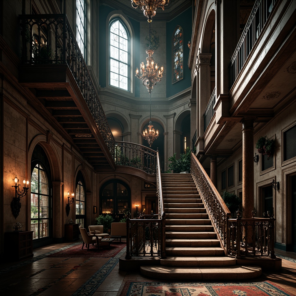 Prompt: Intricate gothic staircase, ornate metal railings, twisted ironwork, grand arches, mysterious ambiance, dimly lit atmosphere, rich wood tones, lavish furnishings, opulent chandeliers, stained glass windows, majestic columns, dramatic ceiling heights, regal color palette, mystical symbolism, eerie shadows, low-key lighting, cinematic composition, high-contrast textures, intricate details, ancient architectural influences.