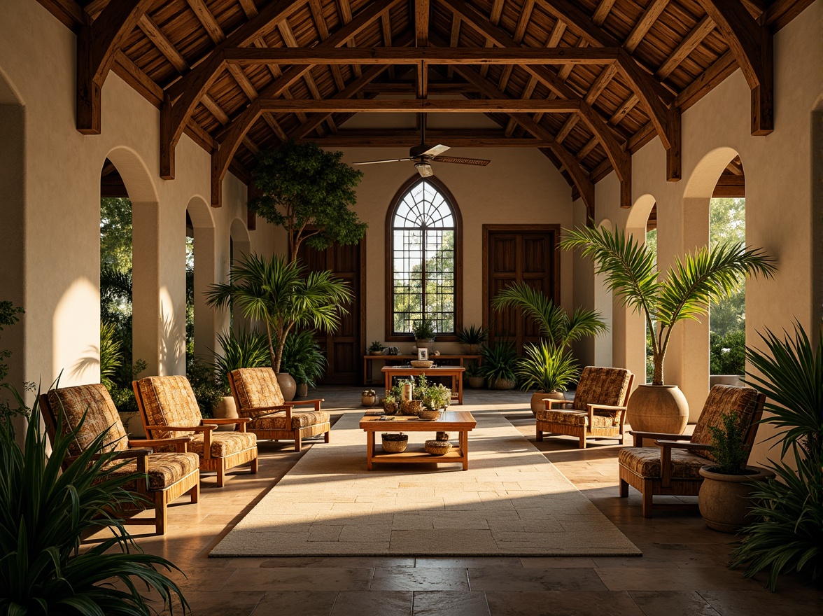 Prompt: Tropical monastery interior, wooden furniture, rattan chairs, woven bamboo seats, natural fiber textiles, earthy color palette, reclaimed wood accents, stone floors, vaulted ceilings, stained glass windows, lush greenery, exotic plants, warm golden lighting, soft shadows, 1/1 composition, shallow depth of field, realistic textures, ambient occlusion.