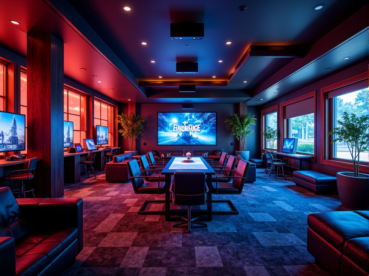 Prompt: Rich game room, dark wood accents, bold primary colors, neon lights, futuristic gadgets, sleek metal furniture, high-tech gaming stations, vibrant blue and red hues, dimmable overhead lighting, cozy carpeted floors, immersive sound systems, cinematic screens, atmospheric fog effects, 3D visualizations, dynamic shadows, realistic textures.