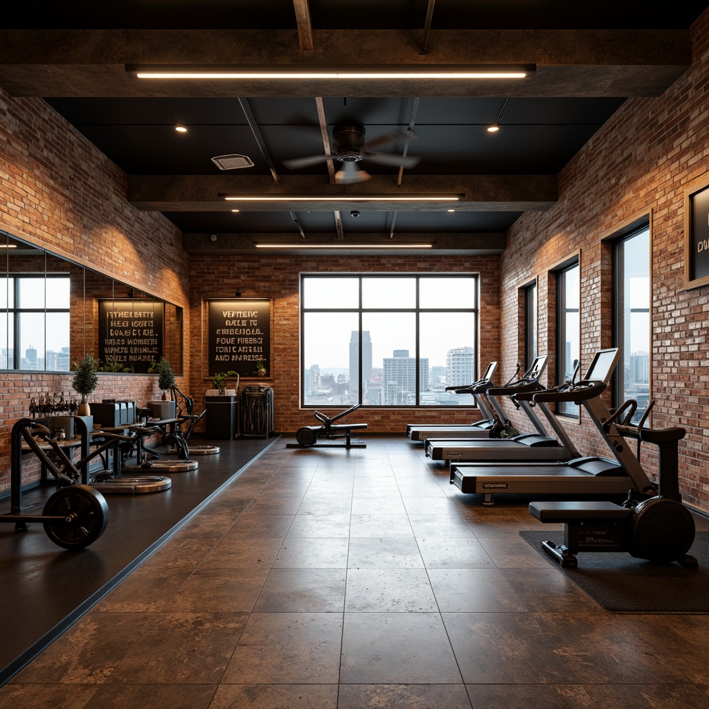 Prompt: Luxurious fitness club, industrial-chic metallic accents, reclaimed wood flooring, exposed brick walls, modern minimalist lighting, sleek mirrored surfaces, high-gloss equipment, rubberized flooring, motivational quotes, urban cityscape views, early morning sunlight, soft warm ambiance, 1/1 composition, shallow depth of field, realistic textures, ambient occlusion.