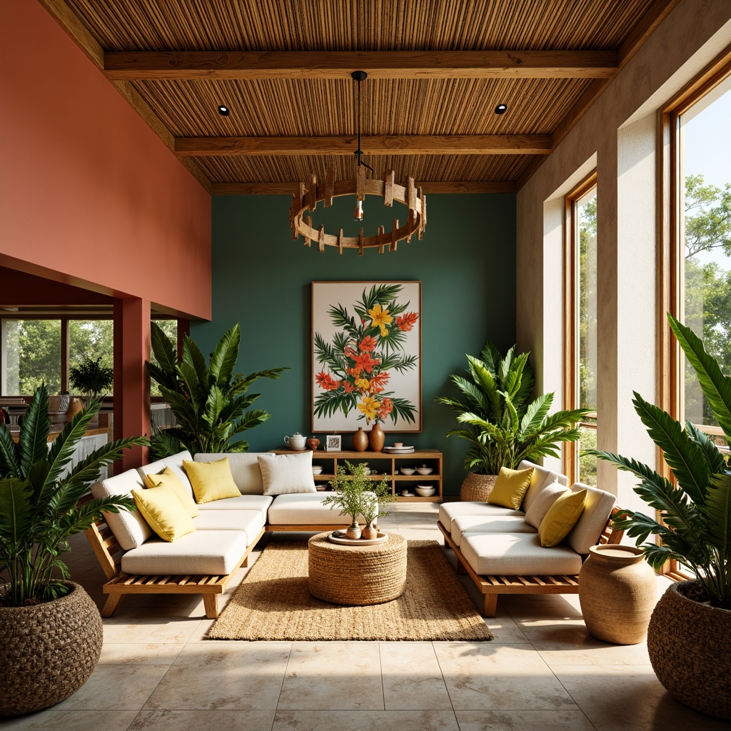 Prompt: Vibrant tropical interior, lush greenery, warm beige walls, rich wooden accents, bold coral hues, soothing turquoise tones, bright citrus yellows, soft minty greens, natural textures, woven rattan furniture, linen upholstery, jute rugs, earthy terracotta pots, exotic palm trees, ocean-inspired artwork, subtle shell patterns, delicate floral motifs, airy open spaces, warm golden lighting, shallow depth of field, 1/2 composition, realistic renderings, ambient occlusion.