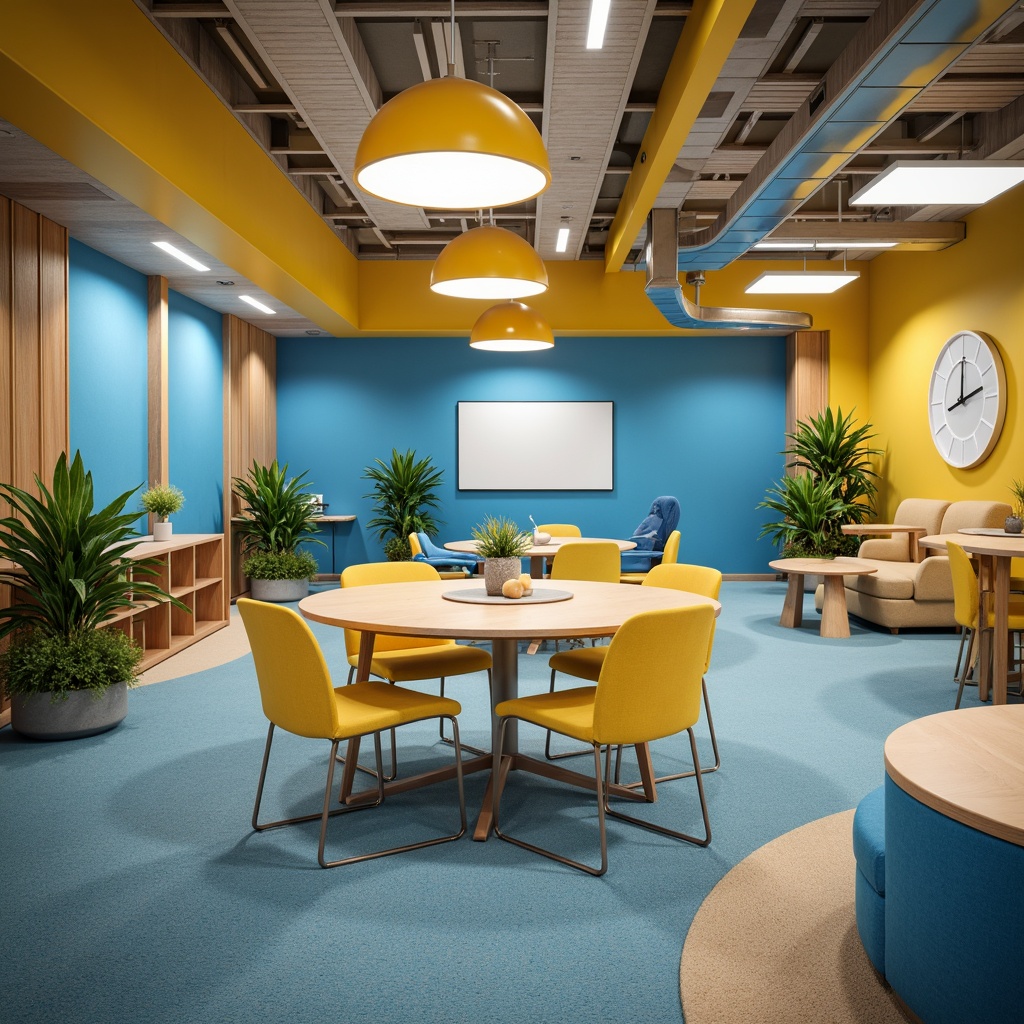 Prompt: Vibrant educational setting, harmonious color scheme, calming blue walls, stimulating yellow accents, natural wood tones, soft greenery, circular tables, ergonomic chairs, interactive whiteboards, modern pendant lighting, cozy reading nooks, comfortable carpeting, subtle texture variations, shallow depth of field, 1/2 composition, warm softbox lighting, realistic renderings, ambient occlusion.