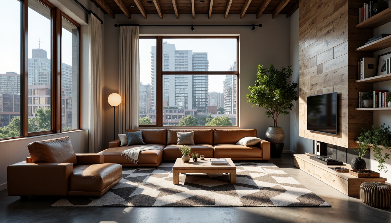 Prompt: Modern living room, sleek leather sofa, minimalist coffee table, geometric patterned rug, floor-to-ceiling windows, natural light, urban loft atmosphere, industrial chic decor, metal accents, reclaimed wood shelves, cozy throw blankets, ambient warm lighting, shallow depth of field, 1/1 composition, realistic textures.