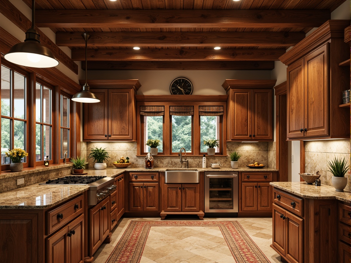 Prompt: Traditional kitchen, warm wood tones, ornate carvings, classic cabinetry, raised panel doors, decorative molding, soft-close drawers, antique bronze hardware, granite countertops, farmhouse sink, pendant lighting, natural stone backsplash, earthy color palette, warm ambient lighting, 1/1 composition, shallow depth of field, realistic textures.