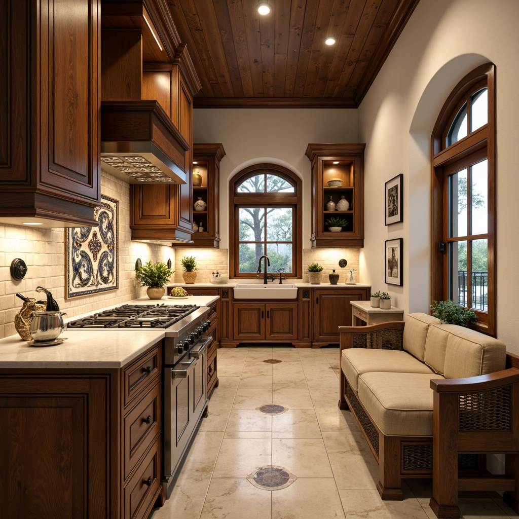 Prompt: Elegant traditional kitchen, ornate wooden cabinets, creamy white countertops, warm beige backsplash, subtle marble textures, classic brick patterns, soft golden lighting, ornamental metal fixtures, sophisticated glass tile inlays, intricate ceramic designs, decorative wall niches, rustic wooden shelves, earthy tone color palette, cozy breakfast nook, natural stone flooring, arched windows, warm ambient atmosphere, 1/2 composition, shallow depth of field, realistic render.