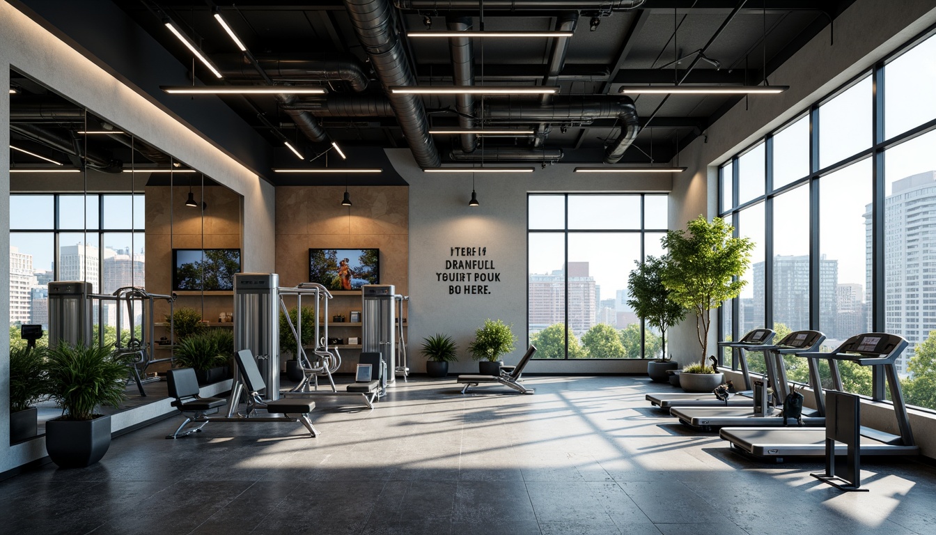 Prompt: Modern gym interior, sleek metal equipment, rubber flooring, mirrored walls, high ceilings, ample natural light, advanced ventilation systems, air purification units, dehumidifying technology, optimal airflow circulation, refreshing atmosphere, energizing color scheme, motivational quotes, athletic-inspired decor, suspended lighting fixtures, open layout, functional zones, relaxing lounge areas, calming plants, soothing music, panoramic windows, urban city views.