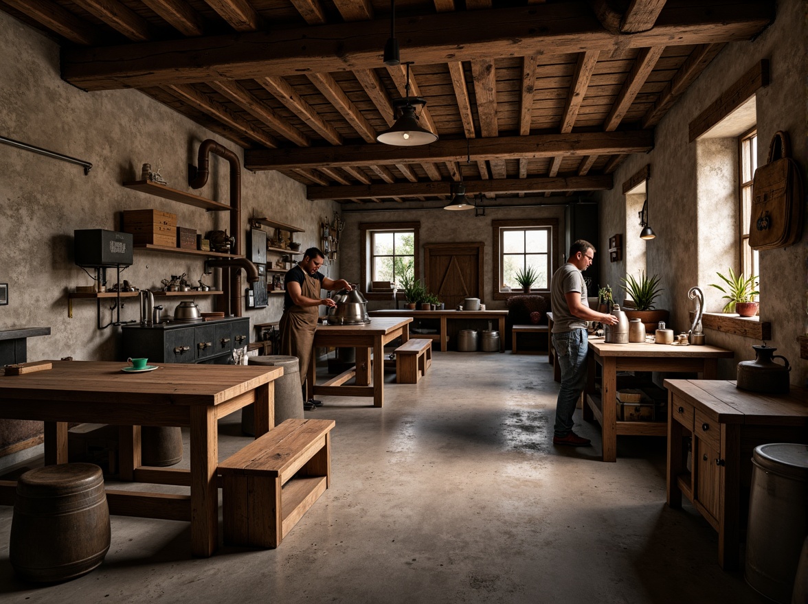 Prompt: Rustic workshop, reclaimed wood, distressed textures, earthy tones, natural imperfections, artisanal craftsmanship, vintage machinery, industrial pipes, worn leather aprons, wooden workbenches, metal toolboxes, dim warm lighting, shallow depth of field, 1/1 composition, realistic wear and tear, ambient occlusion.