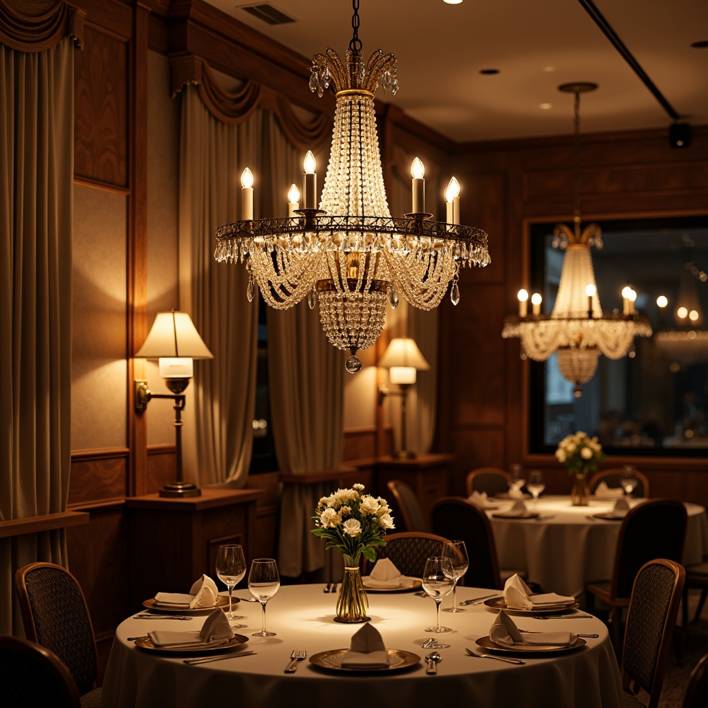 Prompt: Whimsical chandeliers, soft warm glow, candlelight ambiance, delicate crystals, ornate metalwork, vintage-inspired sconces, dimmable LED lights, cozy table lamps, rustic wooden accents, intimate dining settings, luxurious velvet drapes, rich wood paneling, elegant coves, subtle color temperatures, golden hour lighting effects, shallow depth of field, 1/2 composition, warm beige tones, inviting atmosphere.