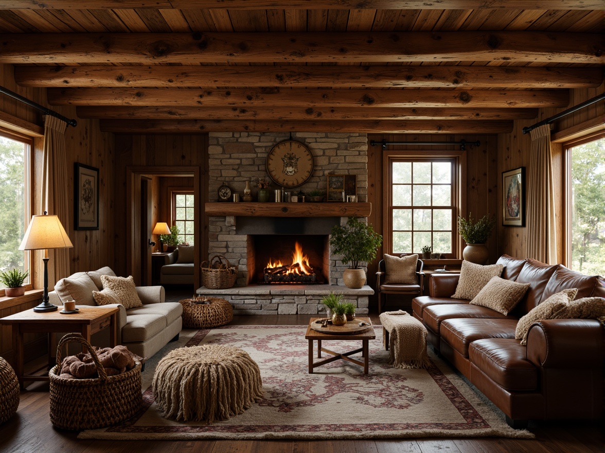 Prompt: Cozy cabin, natural wood accents, earthy tones, woven baskets, vintage furniture, plush throw blankets, distressed leather sofas, chunky knit pillows, rustic wooden beams, stone fireplaces, warm candlelight, soft ambient glow, 1/1 composition, intimate atmosphere, tactile textures, organic patterns, nature-inspired motifs.