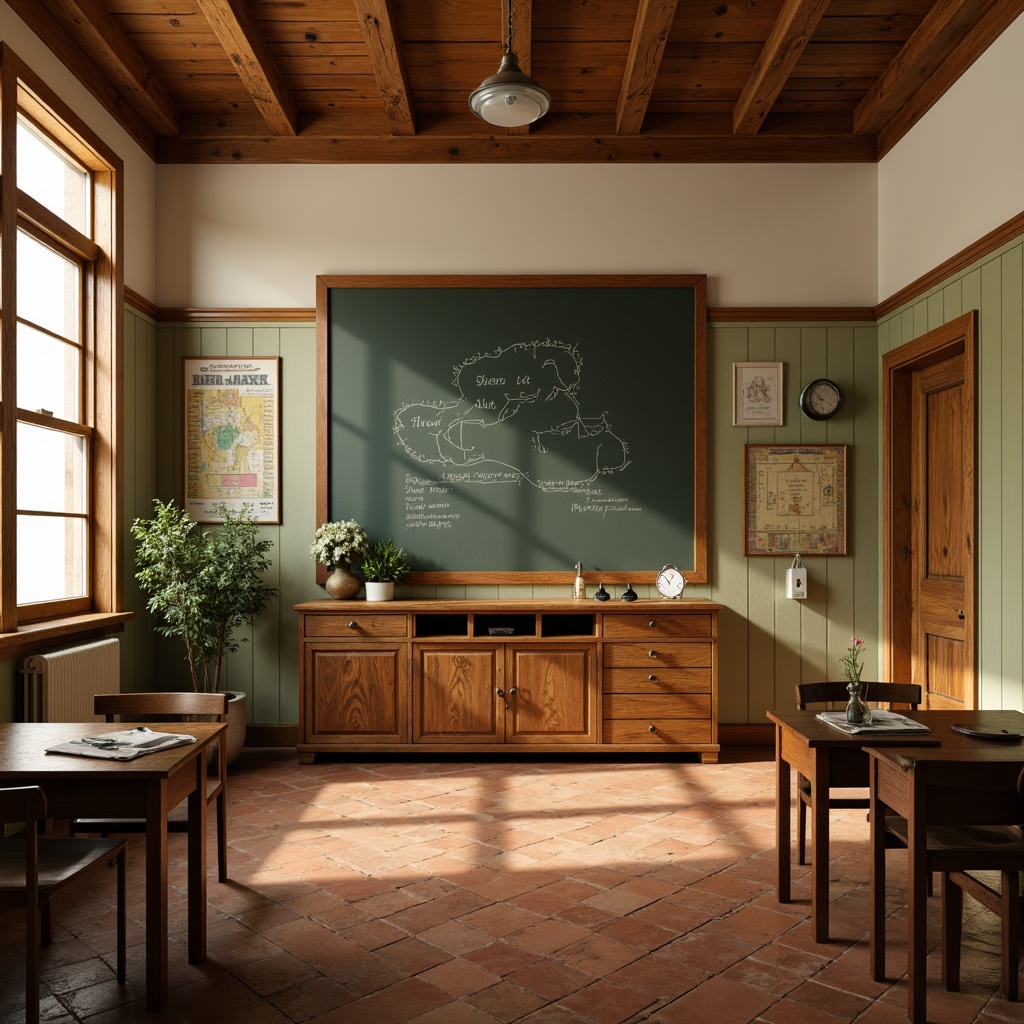 Prompt: Warm beige walls, rich wooden accents, classic chalkboard black, soothing sage green, creamy white trim, earthy terracotta floors, vintage educational charts, distressed wood furniture, nostalgic lockers, rustic metal fixtures, soft warm lighting, shallow depth of field, 1/1 composition, realistic textures, ambient occlusion.