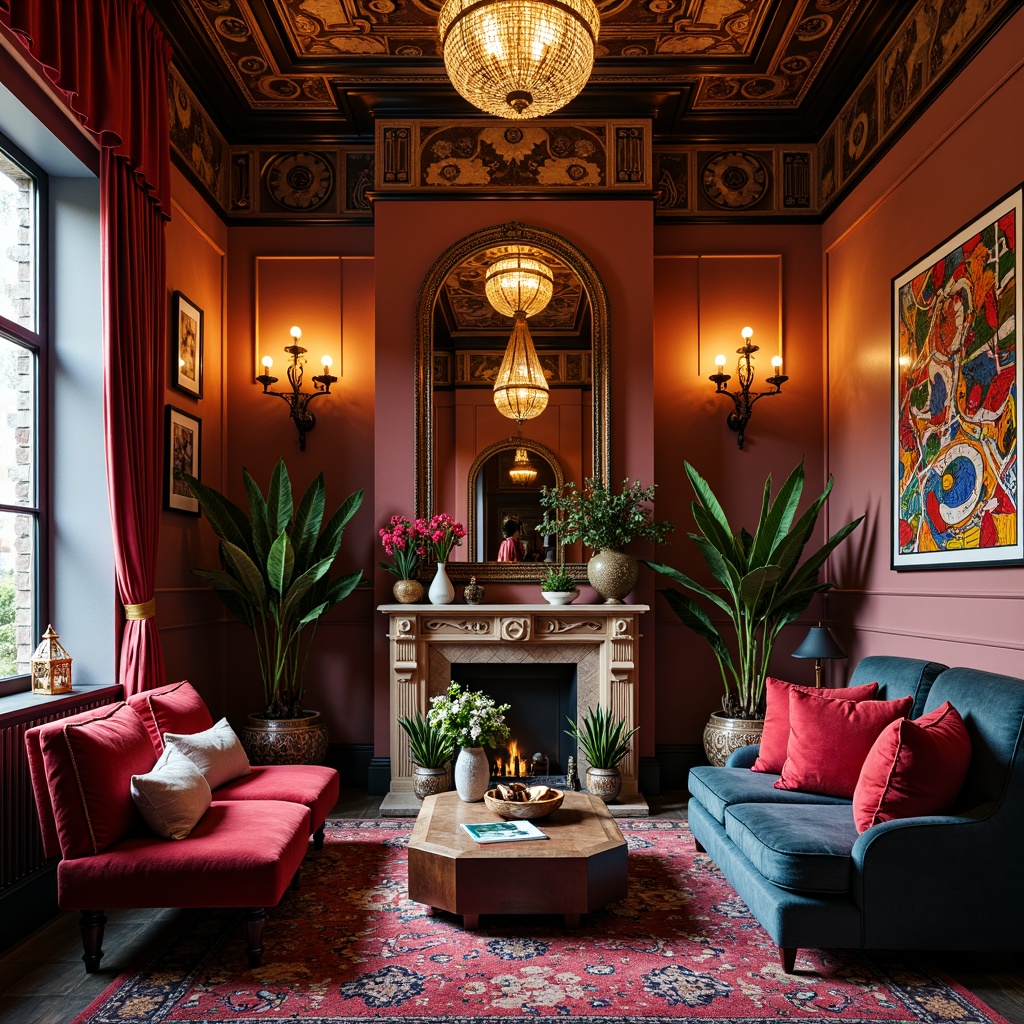 Prompt: Vibrant bohemian boutique hotel, eclectic furniture, plush velvet fabrics, rich jewel-toned walls, metallic accents, ornate mirrors, luxurious chandeliers, warm ambient lighting, dramatic drapery, exotic Moroccan-inspired patterns, bold colorful artwork, whimsical decorative accessories, lavish textiles, sumptuous atmosphere, 1/1 composition, soft focus, warm color grading.