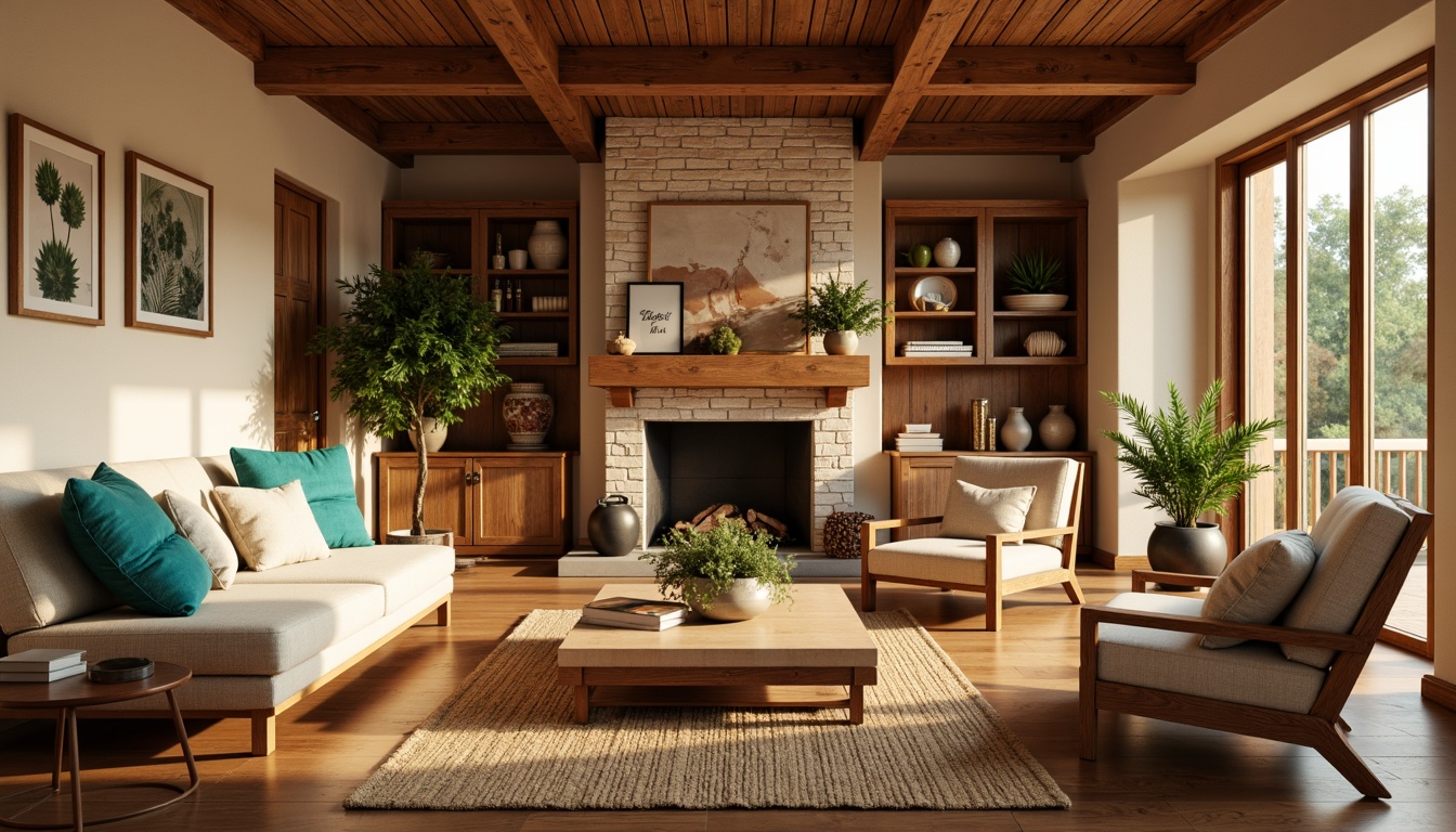 Prompt: Cozy living room, warm beige walls, rich walnut wood furniture, plush velvet sofas, soft golden lighting, vibrant turquoise accents, natural stone fireplace, comfortable cream-colored armchairs, woven jute rugs, earthy terracotta pots, lush greenery, sunny afternoon, shallow depth of field, 1/1 composition, realistic textures, ambient occlusion.