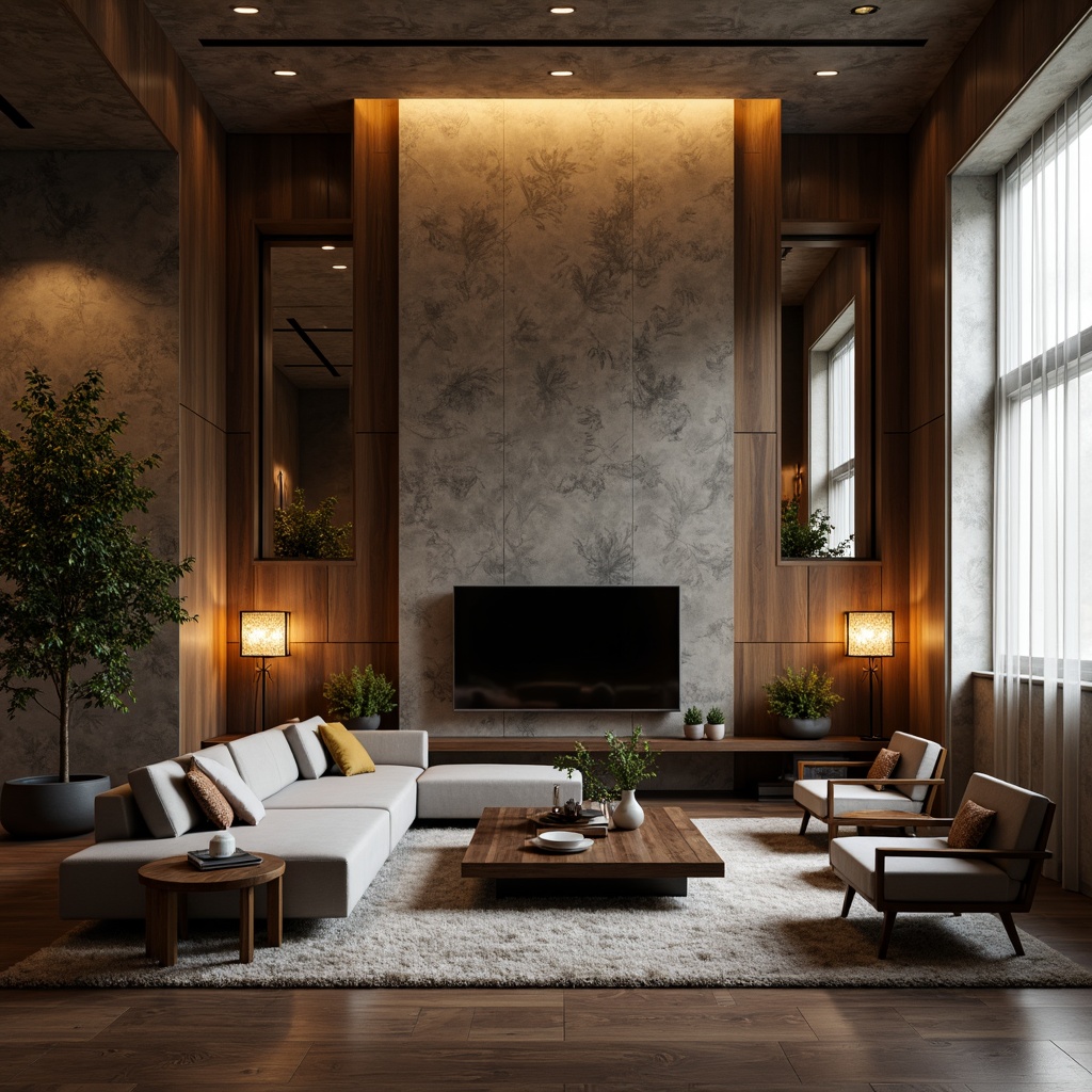 Prompt: Luxurious living room, textured wallpaper, metallic accents, soft warm lighting, cozy ambiance, comfortable seating, rich wood tones, ornate mirrors, subtle patterns, calming color palette, statement walls, modern minimalist design, sleek lines, dramatic floor lamps, plush area rugs, sophisticated decor, refined elegance, atmospheric mood, 1/2 composition, shallow depth of field, realistic textures.