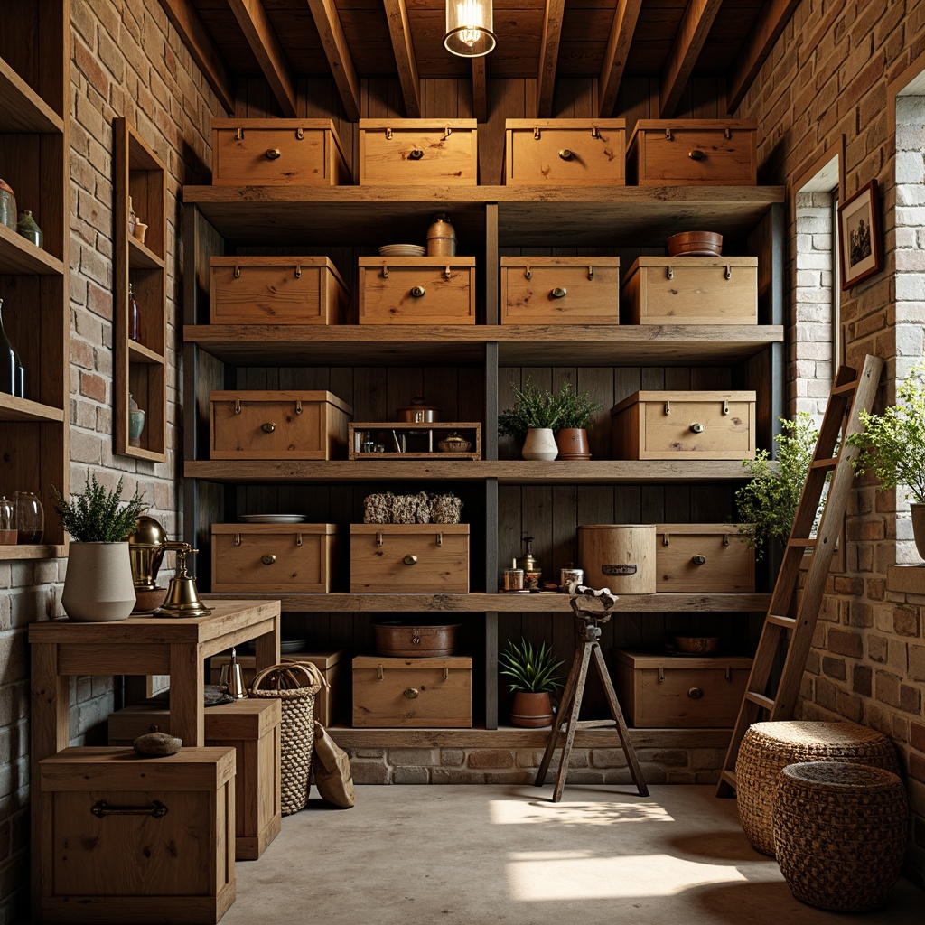 Prompt: Rustic storage room, reclaimed wood shelves, distressed metal frames, earthy tone color palette, natural stone walls, wooden crates, vintage industrial lighting, exposed brick accents, worn leather storage bins, woven wicker baskets, ornate metal hardware, wooden ladder, cozy ambiance, warm soft lighting, shallow depth of field, 1/2 composition, realistic textures.