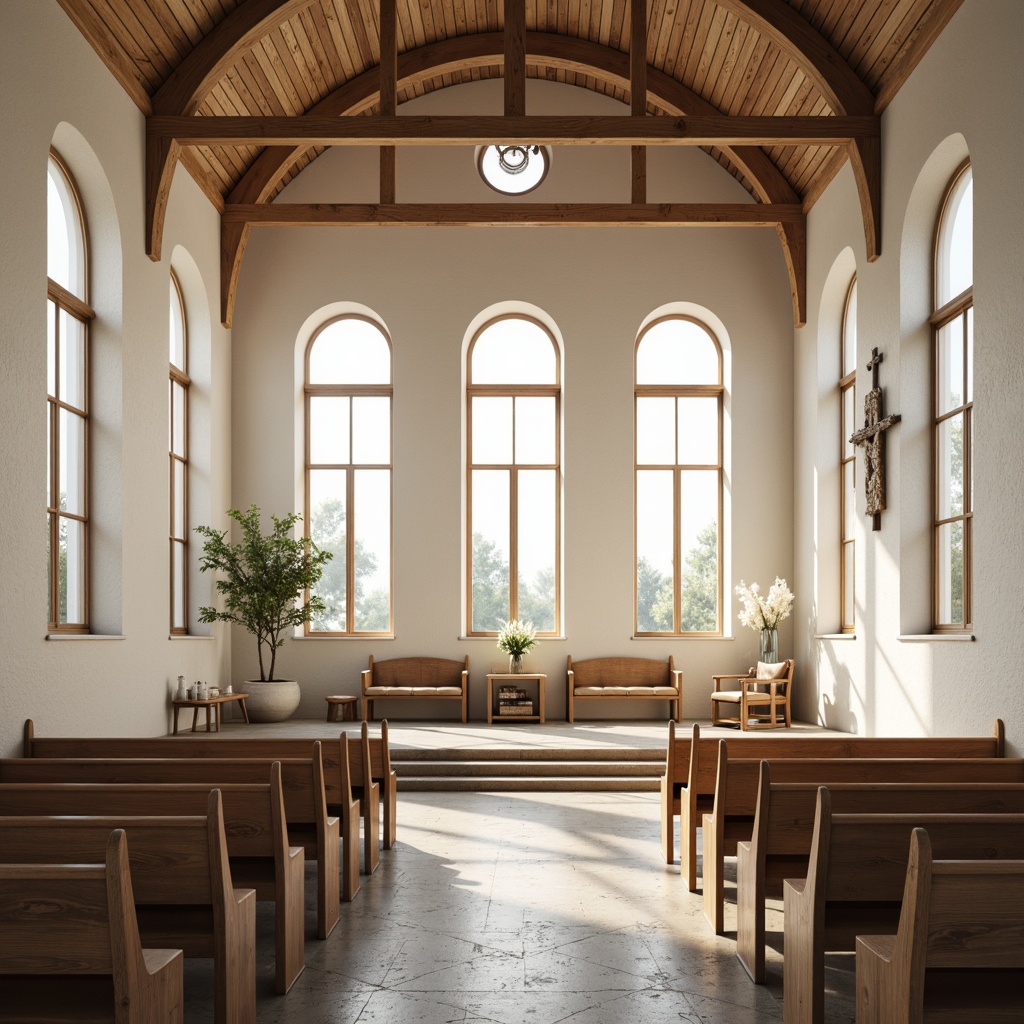 Prompt: Light-filled Scandinavian church interior, whitewashed stone walls, minimalist wooden pews, vaulted ceilings, large windows with slender frames, soft diffused natural light, warm beige tones, subtle shadows, ornate wooden crosses, candlelight ambiance, rustic stone floors, Nordic-inspired stained glass, gentle color palette, airy open spaces, symmetrical composition, low-angle view, warm atmospheric lighting, realistic textures, ambient occlusion.