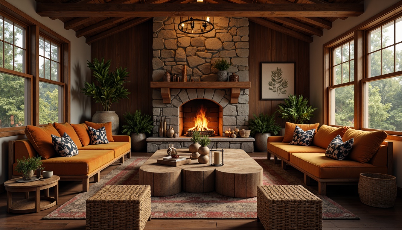 Prompt: Rustic wooden lodge, natural stone walls, earthy tones, plush velvet sofas, reclaimed wood coffee tables, woven rattan armchairs, vintage metal lanterns, distressed leather ottomans, pinecone decorations, crackling fireplace, warm cozy lighting, soft focus blur, 1/2 composition, inviting atmosphere, autumnal colors, rich textures, ambient shadows.