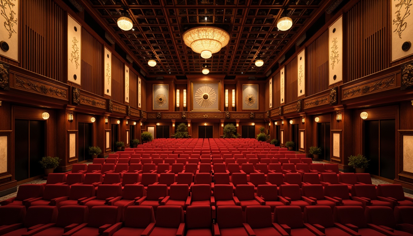 Prompt: Luxurious theater interior, rich wood accents, plush red velvet seats, ornate golden details, acoustic panels with geometric patterns, sound-absorbing materials, precise speaker placement, dramatic stage lighting, soft warm glow, 1/2 composition, shallow depth of field, cinematic atmosphere, realistic textures, ambient occlusion.