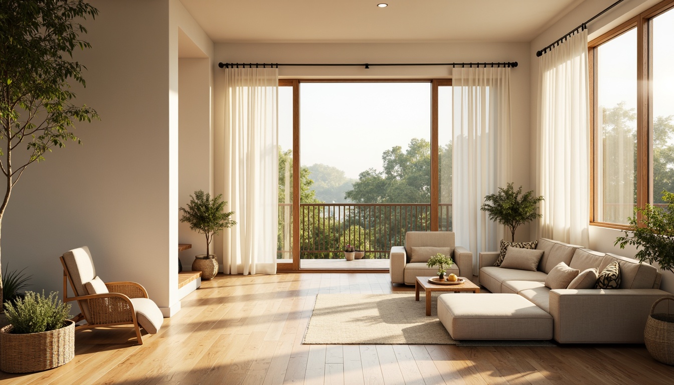 Prompt: Soft morning light, warm golden tones, gentle shadows, minimalist interior design, large windows, sliding glass doors, pure white walls, polished wooden floors, natural textiles, woven baskets, greenery, potted plants, botanical patterns, soft pastel colors, calming ambiance, subtle contrast, 1/1 composition, shallow depth of field, realistic textures, ambient occlusion.