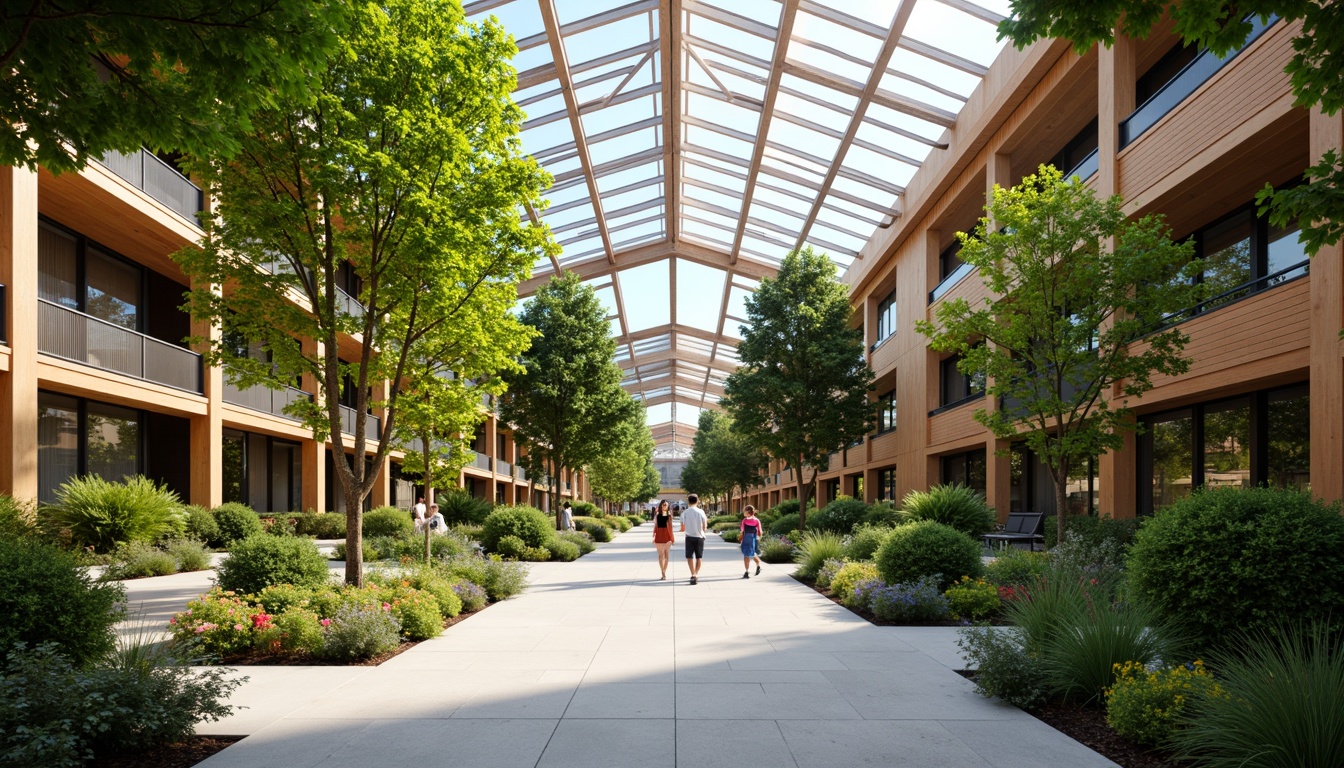 Prompt: Vibrant atrium, lush greenery, natural stone walls, wooden accents, floor-to-ceiling windows, glass roofs, soft warm lighting, ambient occlusion, 1/1 composition, shallow depth of field, realistic textures, modern minimalist design, sustainable energy solutions, eco-friendly materials, innovative cooling technologies, shaded outdoor spaces, misting systems.