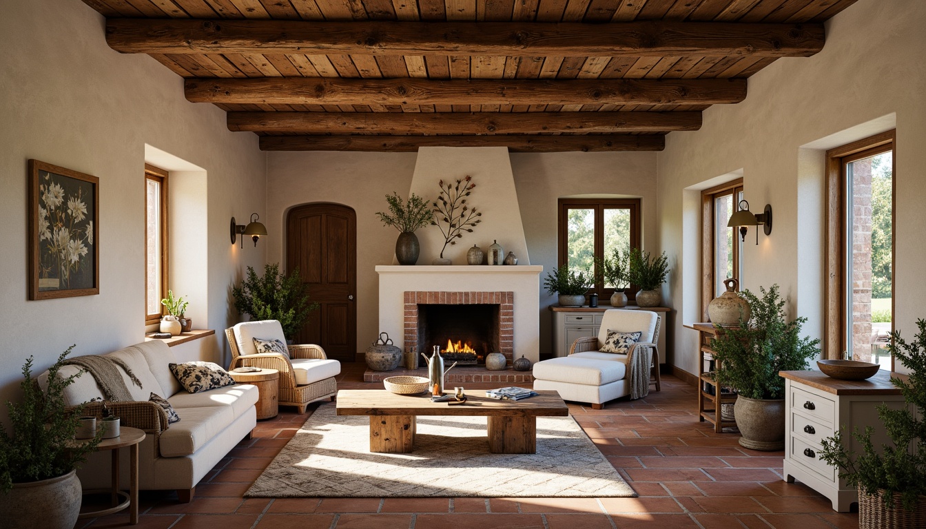 Prompt: Rustic farmhouse, vintage charm, distressed wood accents, earthy color palette, natural stone walls, brick-red tiles, terracotta floors, ceramic accents, matte finishes, soft warm lighting, cozy atmosphere, traditional furnishings, floral patterns, botanical motifs, nature-inspired designs, countryside feel, organic textures, handmade ceramics, artisanal craftsmanship.