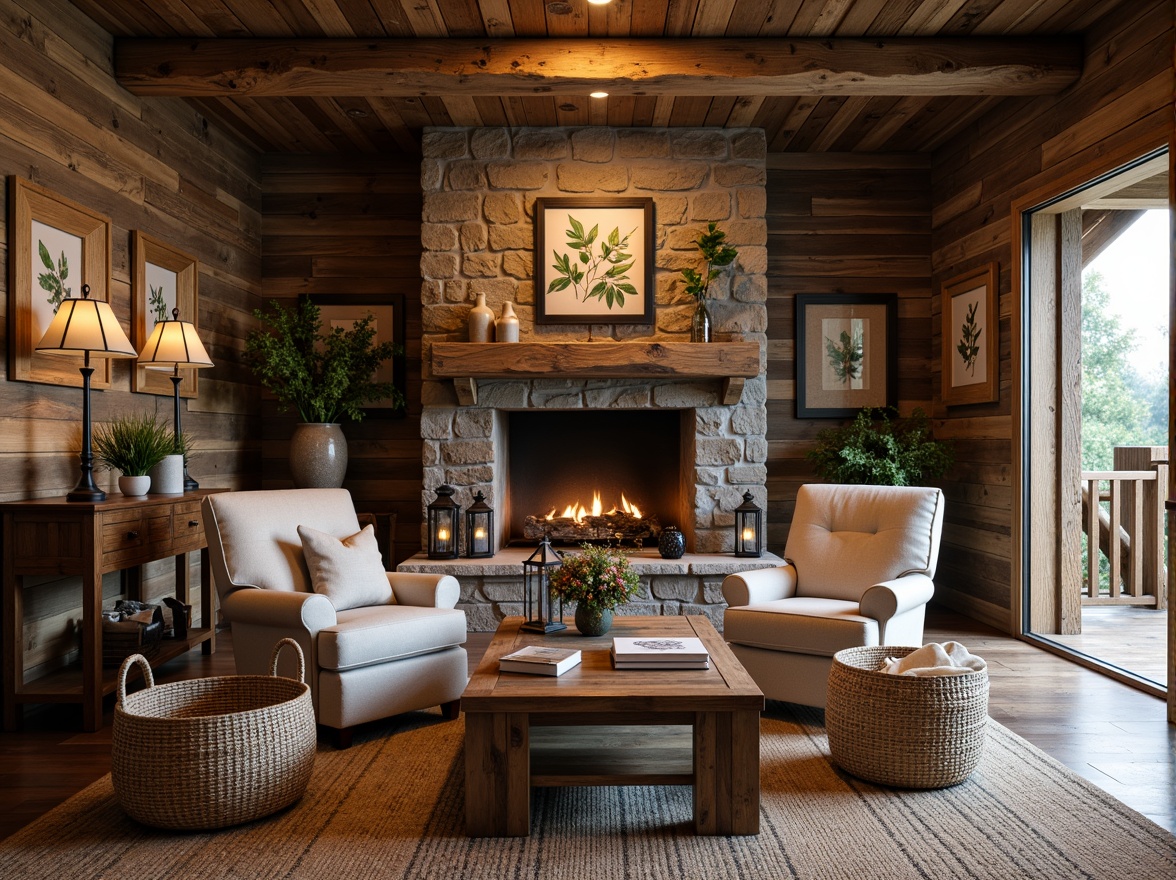 Prompt: Rustic cabin interior, wooden accents, earthy tones, stone fireplace, plush armchairs, vintage ottomans, reclaimed wood coffee tables, woven baskets, natural fiber rugs, linen upholstery, distressed finishes, metal lanterns, candlelight ambiance, warm cozy atmosphere, softbox lighting, shallow depth of field, 1/2 composition, rustic wooden beams, country-style decorations, antique accessories, botanical prints, nature-inspired artwork.