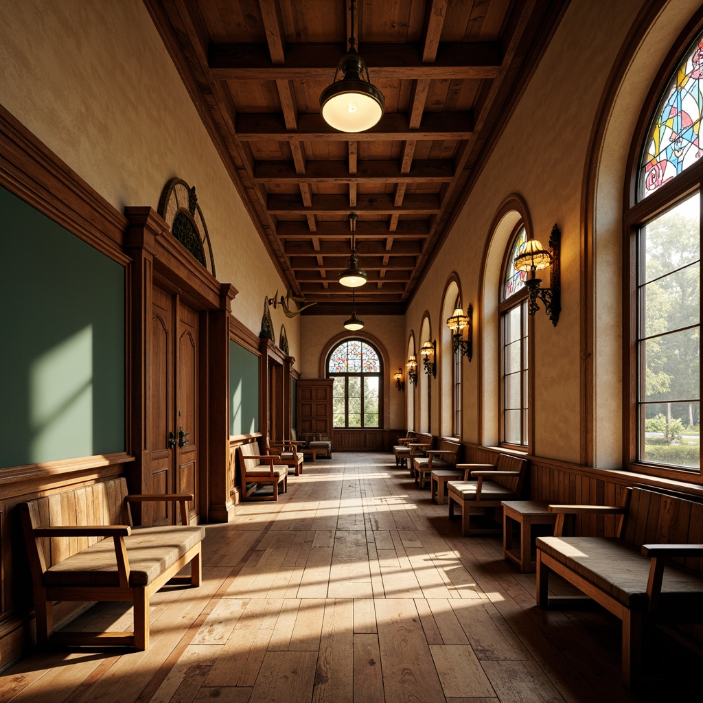 Prompt: Warm traditional school hallway, rich wood tones, ornate metal fixtures, elegant pendant lamps, vintage-inspired sconces, distressed wooden floors, classic chalkboards, decorative moldings, warm beige walls, cozy reading nooks, comfortable seating areas, natural stone archways, stunning stained glass windows, soft warm lighting, dramatic shadows, 1/2 composition, realistic textures, ambient occlusion.