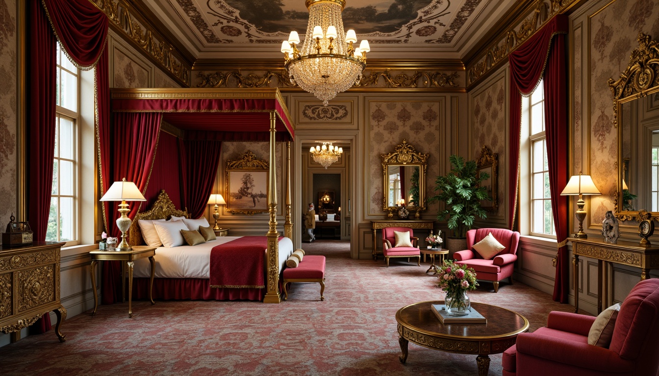 Prompt: Opulent Rococo-style interior, lavish gold accents, ornate carvings, curved silhouettes, plush velvet fabrics, intricate patterns, French provincial influences, distressed finishes, majestic four-poster beds, gilded mirrors, crystal chandeliers, luxurious tufted sofas, cabriole leg chairs, carved wooden consoles, marble-top coffee tables, ornamental clocks, lavish drapery, soft warm lighting, intimate atmosphere, 1/1 composition, shallow depth of field, realistic textures.