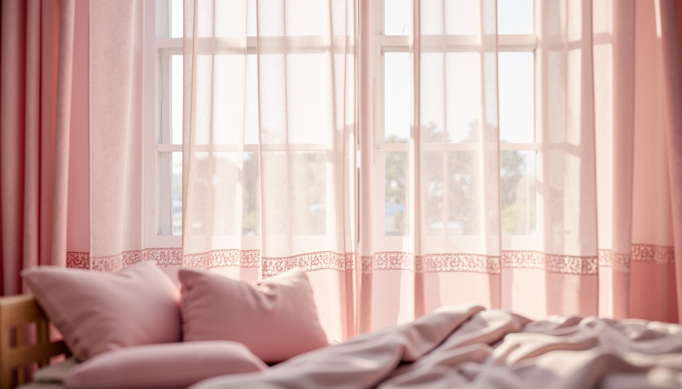 Prompt: Soft pink curtains, gentle drapery, whimsical fabrics, delicate lace trim, nursery rhyme patterns, sheer white voile, billowy folds, natural light filtering, warm cozy ambiance, baby block prints, pastel color palette, rounded curtain rods, flowing silk textures, subtle sheen, diffuse softbox lighting, 1/2 composition, intimate close-up shots, romantic warm tones.