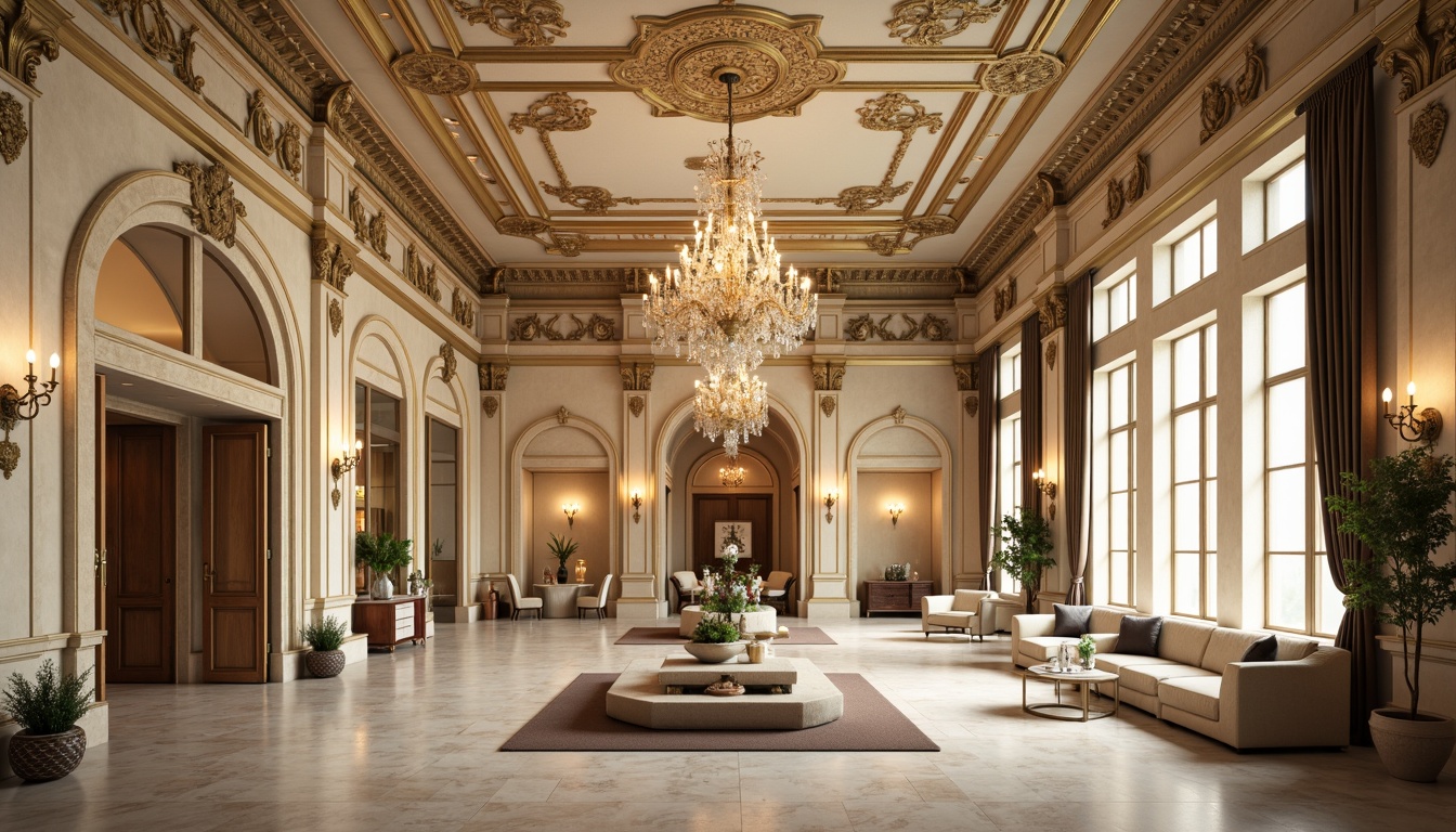 Prompt: Grand chandelier, ornate metalwork, soft warm glow, subtle shading, cream-colored walls, marble flooring, high ceilings, intricate moldings, symmetrical composition, 1/2 perspective, Renaissance-inspired details, gold leaf accents, velvet drapes, crystal glassware, rich wood tones, elegant furnishings, sophisticated ambiance, natural daylight, subtle color palette, realistic textures, ambient occlusion.