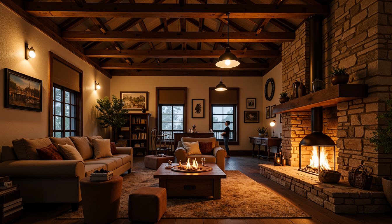 Prompt: Cozy rustic lodge, warm candlelight, soft glowing fireplaces, dimmed pendant lamps, natural wood accents, earthy tones, vintage metal fixtures, distressed finishes, exposed stone walls, wooden beam ceilings, intimate ambiance, relaxing atmosphere, subtle color palette, warm beige tones, soft shadows, 1/1 composition, realistic textures, ambient occlusion.