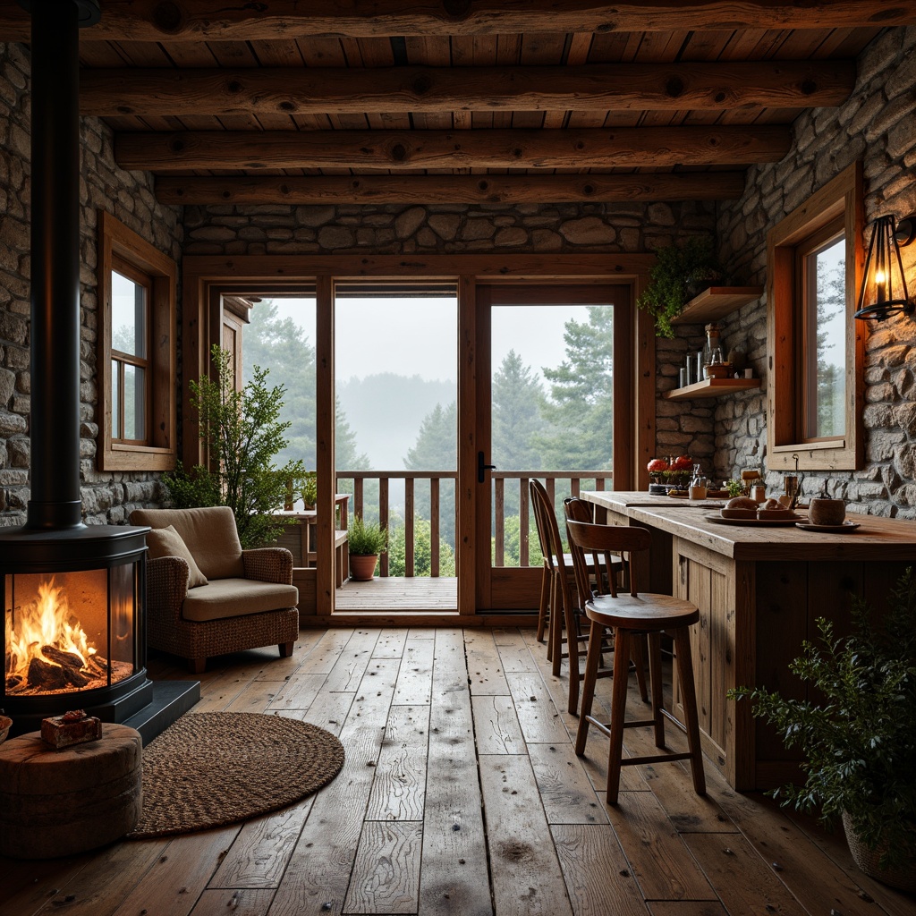 Prompt: Rustic cabin, wooden planks, earthy tones, natural stone walls, reclaimed wood accents, distressed finishes, rough-hewn beams, vintage metal decor, warm candlelight, cozy atmosphere, rural landscape, forest surroundings, misty morning, soft focus, shallow depth of field, 2/3 composition, warm color palette, realistic textures, ambient occlusion.