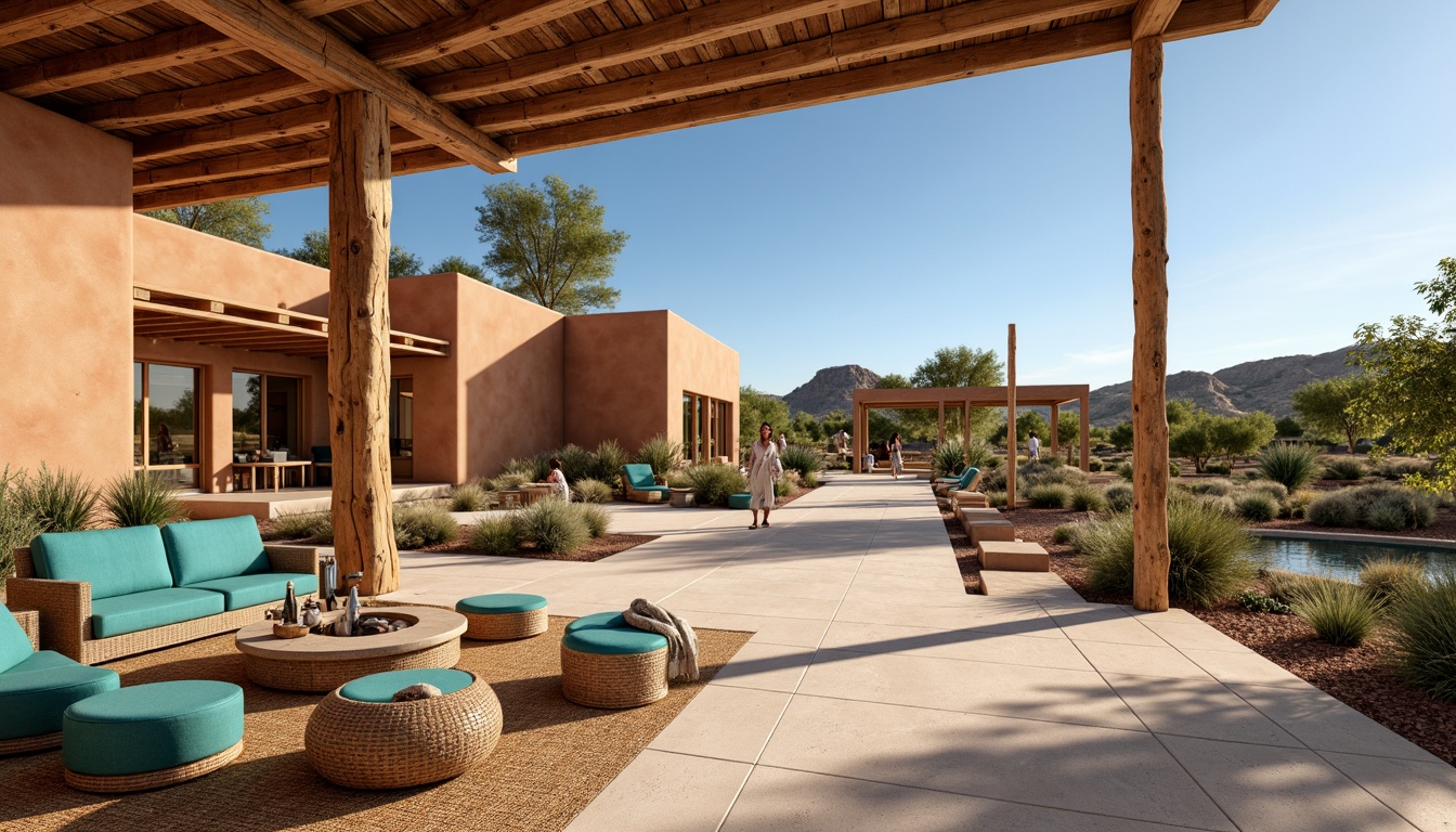 Prompt: Earth-toned adobe walls, rustic wooden beams, natural stone flooring, woven rattan furniture, vibrant turquoise accents, Southwestern patterned textiles, cacti gardens, desert botanicals, sunny arid landscape, clear blue sky, modern science center architecture, angular lines, minimalist design, energy-efficient systems, solar panels, green roofs, eco-friendly materials, innovative cooling technologies, shaded outdoor spaces, misting systems, panoramic views, realistic textures, ambient occlusion.