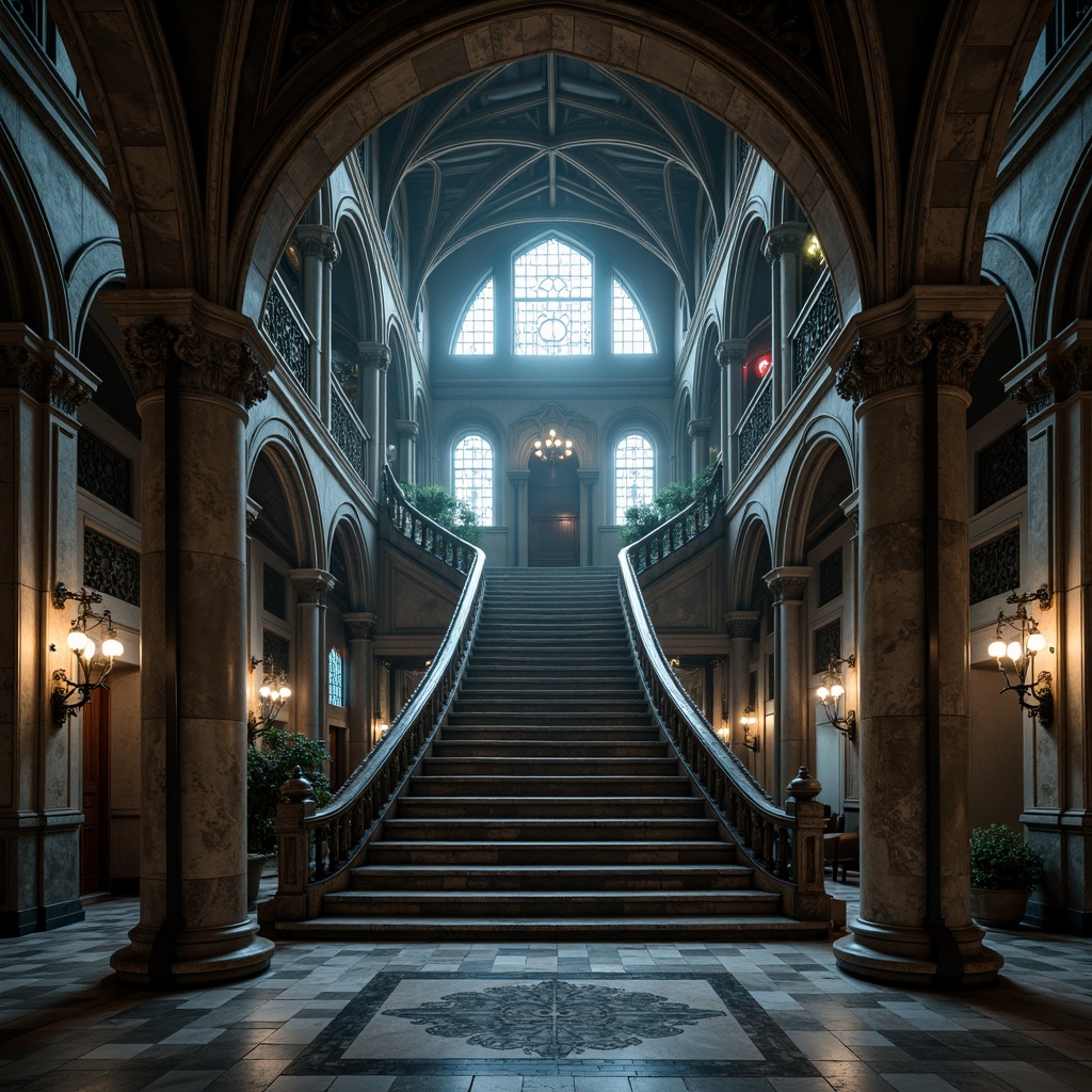 Prompt: Grandiose Gothic staircase, ornate archways, ribbed vaults, pointed arches, flying buttresses, intricately carved stone walls, richly patterned marble floors, lavish ironwork railings, majestic lanterns, stained glass windows, dramatic high ceilings, mysterious dim lighting, cinematic composition, atmospheric fog effect, realistic stone textures, ambient occlusion.