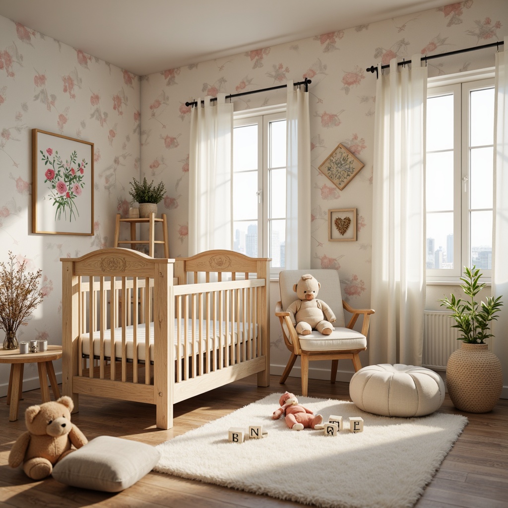 Prompt: Whimsical baby nursery, soft pastel colors, delicate florals, plush toys, crib with intricate carvings, gentle curtains, warm lighting, textured wallpaper, natural wood furniture, vintage decorative frames, sweet baby blocks, adorable stuffed animals, fluffy area rug, soothing ambiance, shallow depth of field, 1/1 composition, warm color palette, subtle patterns, cozy atmosphere.