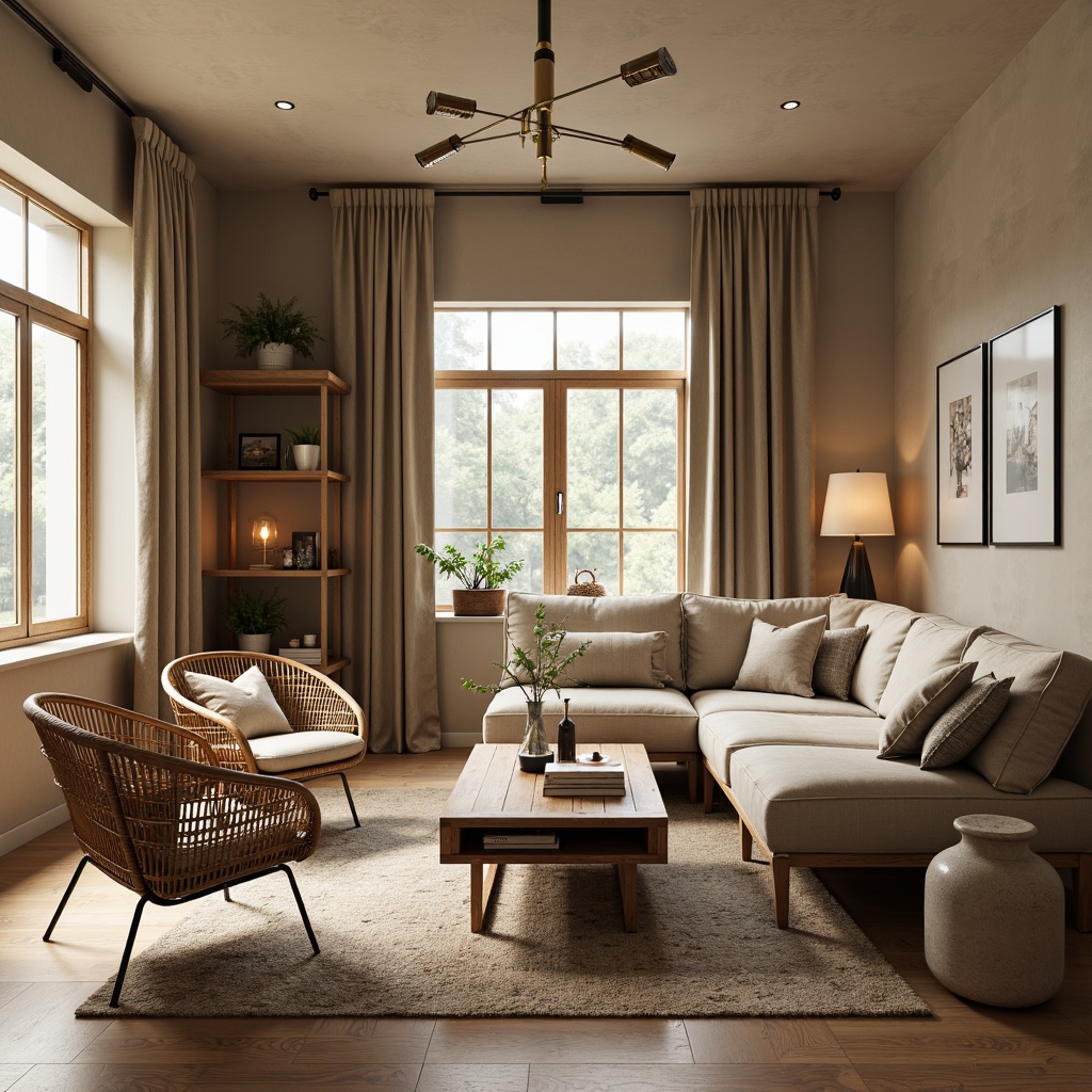 Prompt: Cozy living room, plush sectional sofa, reclaimed wood coffee table, woven rattan armchairs, soft velvet pillows, natural fiber rug, industrial metal floor lamps, minimalist decorative shelves, warm beige walls, large windows, gentle diffused lighting, 1/2 composition, intimate atmosphere, realistic textures, ambient occlusion.