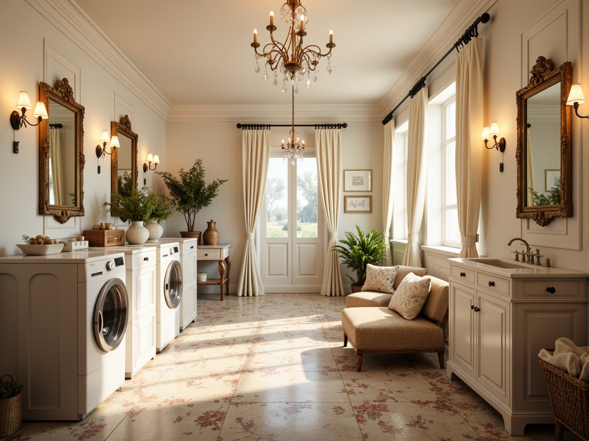 Prompt: Elegant laundry room, soft warm lighting, creamy whites, warm beige tones, classic ornate details, traditional furniture, ornamental mirrors, floral patterns, gentle ceiling lights, wall-mounted sconces, crystal chandeliers, luxurious fabrics, rich textures, subtle color palette, harmonious ambiance, symmetrical composition, 1/1 aspect ratio, soft focus, natural light pouring in, warm atmosphere.