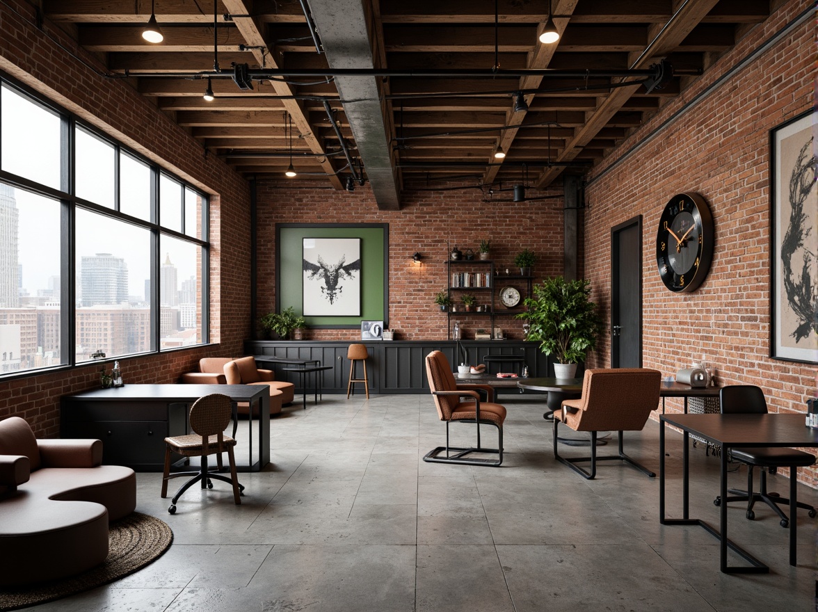 Prompt: Exposed brick walls, metal beams, reclaimed wood accents, industrial-style lighting fixtures, vintage machinery parts, distressed finishes, bold color schemes, urban cityscape views, modern minimalist decor, sleek metal desks, ergonomic chairs, geometric-shaped shelves, functional storage units, cozy reading nooks, oversized industrial clocks, concrete floors, metallic textiles, abstract artwork, dynamic composition, high-contrast lighting, realistic materials, ambient occlusion.