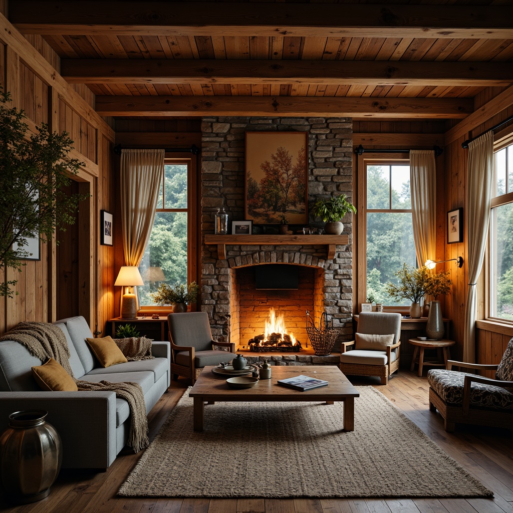 Prompt: Rustic cabin interior, reclaimed wood accents, earthy color tones, weathered wooden beams, stone fireplace, warm candlelight, cozy throw blankets, vintage furniture pieces, natural fiber rugs, woven baskets, distressed metal decor, muted greenery, autumnal hues, soft warm lighting, shallow depth of field, 1/1 composition, realistic textures, ambient occlusion.