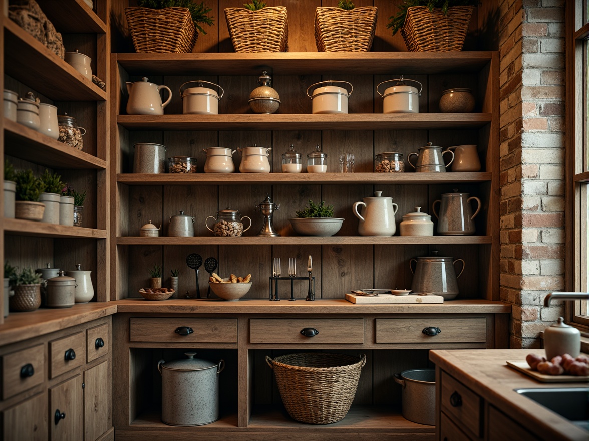 Prompt: Rustic pantry, wooden shelves, vintage metal bins, woven baskets, ceramic jars, distressed finishes, earthy tones, natural textures, soft warm lighting, shallow depth of field, 3/4 composition, cozy atmosphere, farmhouse-inspired decor, ornate hardware, decorative tiles, open storage solutions, eclectic mix of containers, functional kitchen utensils, ambient occlusion.