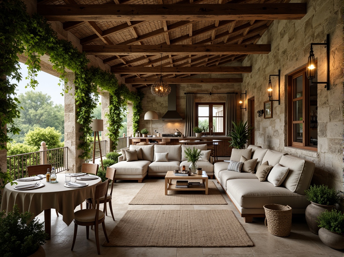 Prompt: Rustic French country cottage, stone walls, wooden beams, terracotta roof tiles, lush greenery, vine-covered trellis, distressed wood furniture, soft linen fabrics, warm candlelight, aged metal accents, earthy color palette, natural textiles, woven baskets, vintage decorative items, elegant chandeliers, large windows, French doors, cozy reading nooks, plush area rugs, soft focus, warm lighting, 1/2 composition, intimate atmosphere, realistic wood grain textures.