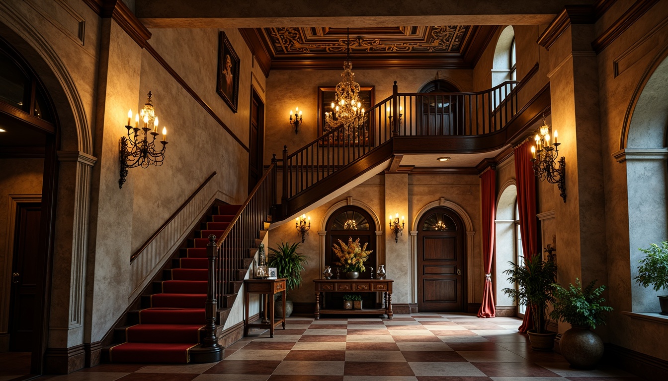 Prompt: Elegant mansion, grand foyer, high ceiling, ornate chandeliers, textured stone walls, complementing gothic staircase design, intricate carvings, wooden banisters, red velvet carpet, mysterious ambiance, warm golden lighting, shallow depth of field, 1/1 composition, dramatic shadows, realistic render.