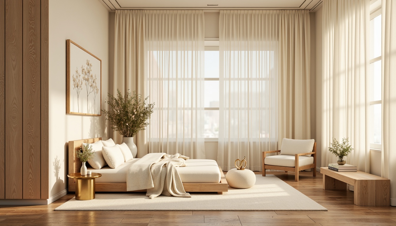 Prompt: Soft warm beige walls, calming creamy accents, rich wood tones, natural stone textures, elegant gold metallic details, subtle cream-colored curtains, harmonious pastel shades, delicate floral patterns, serene ambiance, softbox lighting, gentle color transitions, 1/1 composition, realistic fabric simulations, ambient occlusion.