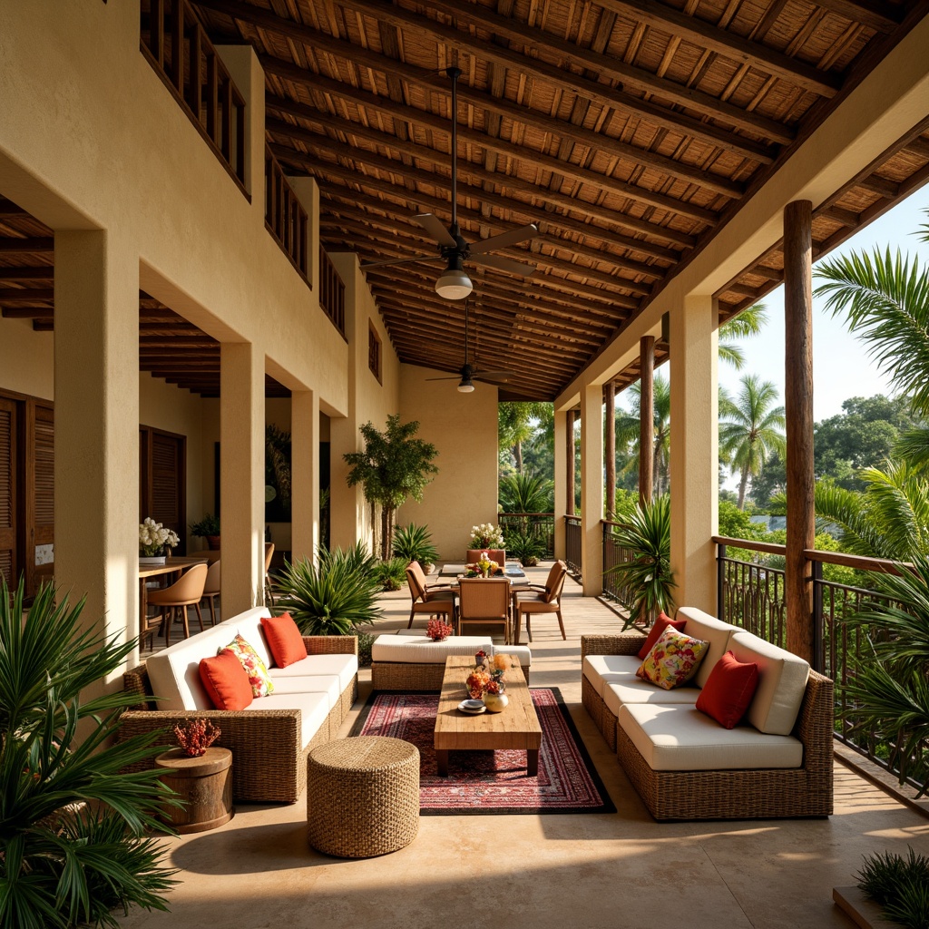 Prompt: Vibrant tropical ambiance, warm beige stucco walls, lush greenery, exotic wood accents, natural textiles, woven rattan furniture, colorful tiki torches, palm frond patterns, bamboo ceiling fans, distressed wood shutters, coral-inspired decorative accessories, soft warm lighting, shallow depth of field, 3/4 composition, panoramic view, realistic textures, ambient occlusion.