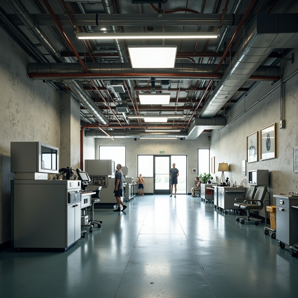 Prompt: Industrial hospital interior, exposed ductwork, polished concrete floors, metallic beams, sleek medical equipment, minimalist decor, functional lighting, overhead LED panels, suspended linear lamps, warm color temperature, high ceilings, open spaces, natural light pouring in, subtle shadows, 1/1 composition, shallow depth of field, realistic textures, ambient occlusion.