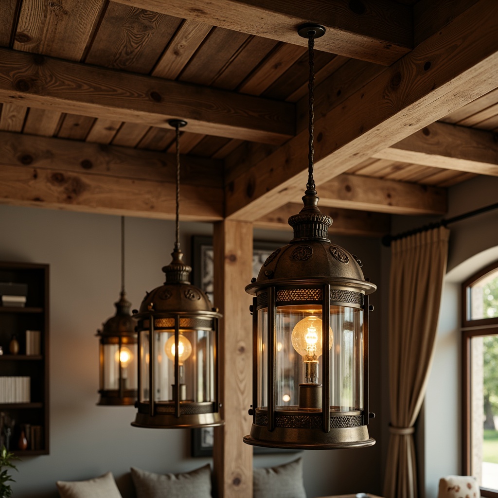 Prompt: Rustic farmhouse, vintage Art Deco accents, distressed wood beams, metal lanterns, pendant lights, Edison bulbs, industrial chic fixtures, bronze finishes, ornate metalwork, geometric patterns, luxurious velvety textiles, warm earthy tones, soft golden lighting, ambient shadows, 1/1 composition, realistic reflections, shallow depth of field.