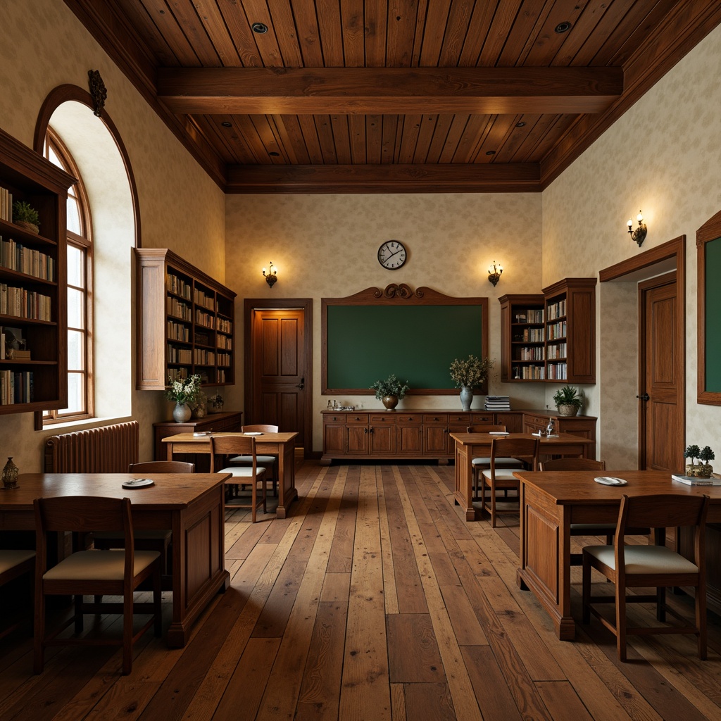 Prompt: Traditional wooden desks, comfortable cushioned chairs, classic green chalkboards, ornate wooden cabinets, vintage-inspired lamp fixtures, warm beige walls, polished hardwood floors, rich brown wood tones, subtle natural textures, cozy reading nooks, built-in bookshelves, elegant archways, soft diffused lighting, 1/1 composition, intimate atmosphere, realistic wood grain details, subtle ambient occlusion.