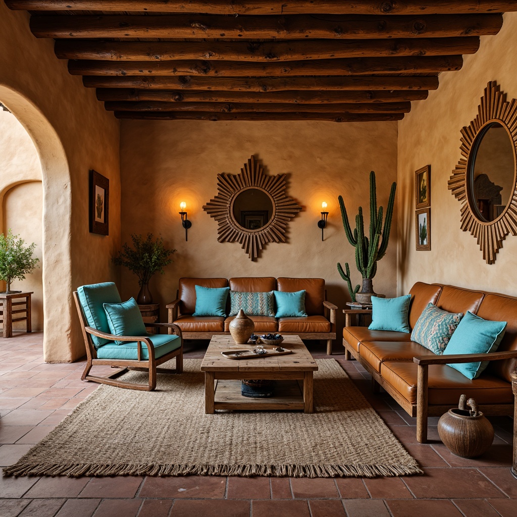 Prompt: Earth-toned adobe walls, rustic wooden beams, terracotta floor tiles, woven Native American-inspired textiles, vibrant turquoise accents, natural fiber rugs, reclaimed wood furniture, distressed leather upholstery, warm candle lighting, earthy ceramics, Spanish-style ornate mirrors, hand-carved wooden decorations, desert botanical prints, soft ambient glow, shallow depth of field, 3/4 composition, warm color palette.