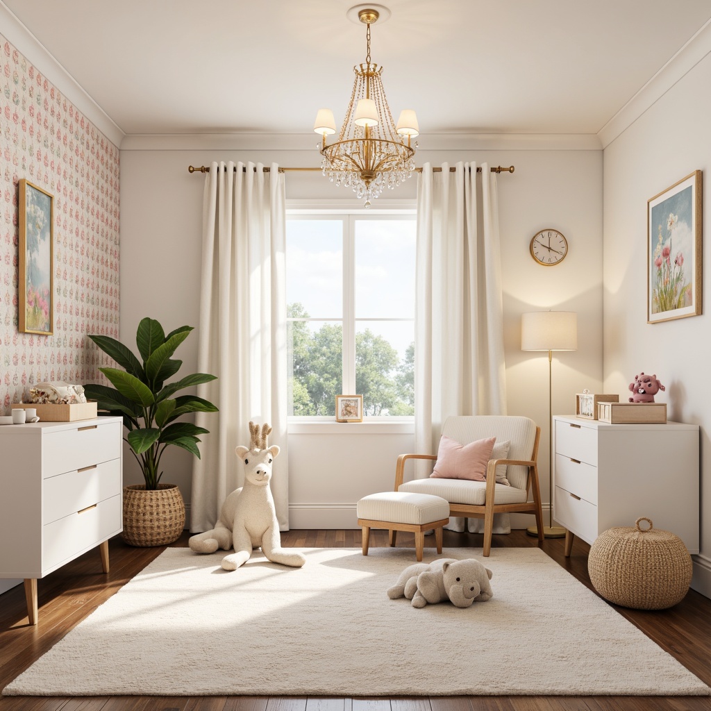 Prompt: Whimsical nursery, soft pastel colors, delicate floral patterns, creamy white furniture, plush toys, gentle warm lighting, crystal chandeliers, frosted glass shades, metallic accents, modern minimalist design, energy-efficient LED lights, dimmable switches, cozy reading nooks, textured rugs, adorable wall decals, soothing color palette, serene ambiance.