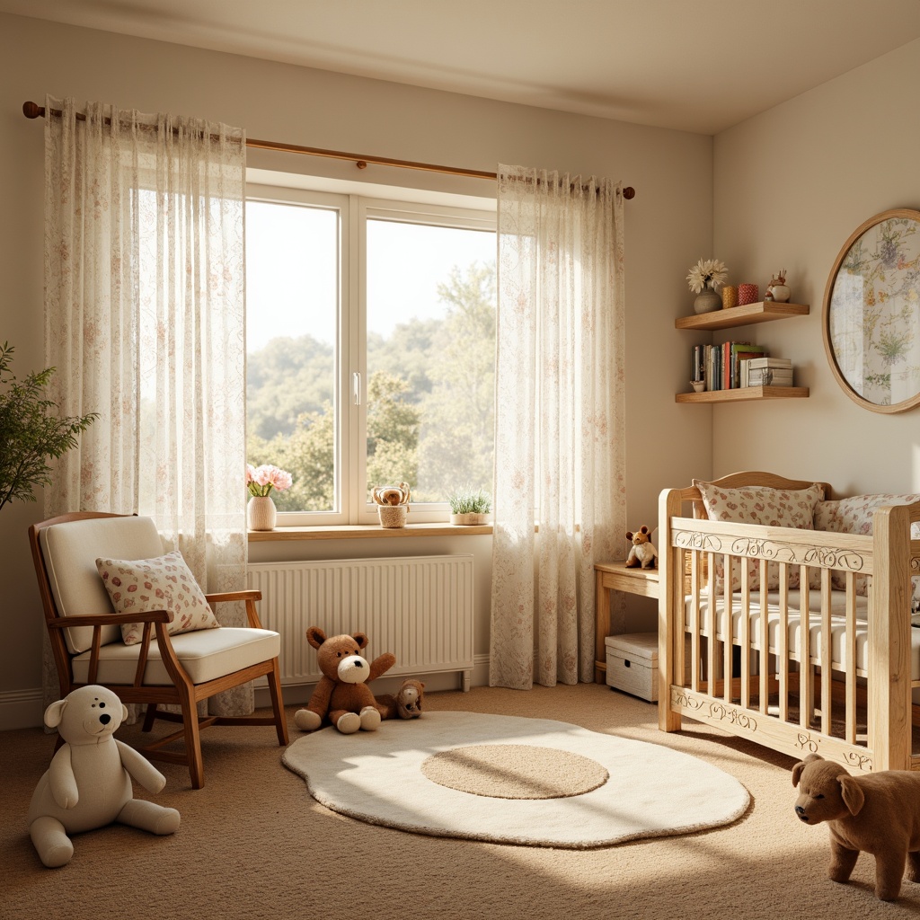 Prompt: Whimsical baby nursery, soft pastel colors, delicate floral patterns, plush toys, crib with ornate carvings, lace curtains, vintage-inspired furniture, distressed wood accents, warm beige carpet, natural light pouring in, sheer drapery, gentle breeze, serene atmosphere, 1/1 composition, intimate framing, warm golden lighting, subtle texture overlays.