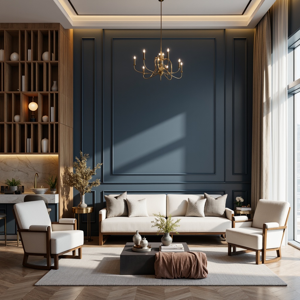 Prompt: Calming navy blue accent walls, soft cream-colored furniture, rich wood textures, subtle metallic accents, elegant chandeliers, luxurious velvet fabrics, sophisticated marble countertops, refined minimalist decor, serene ambiance, warm golden lighting, shallow depth of field, 1/2 composition, realistic renderings, ambient occlusion.